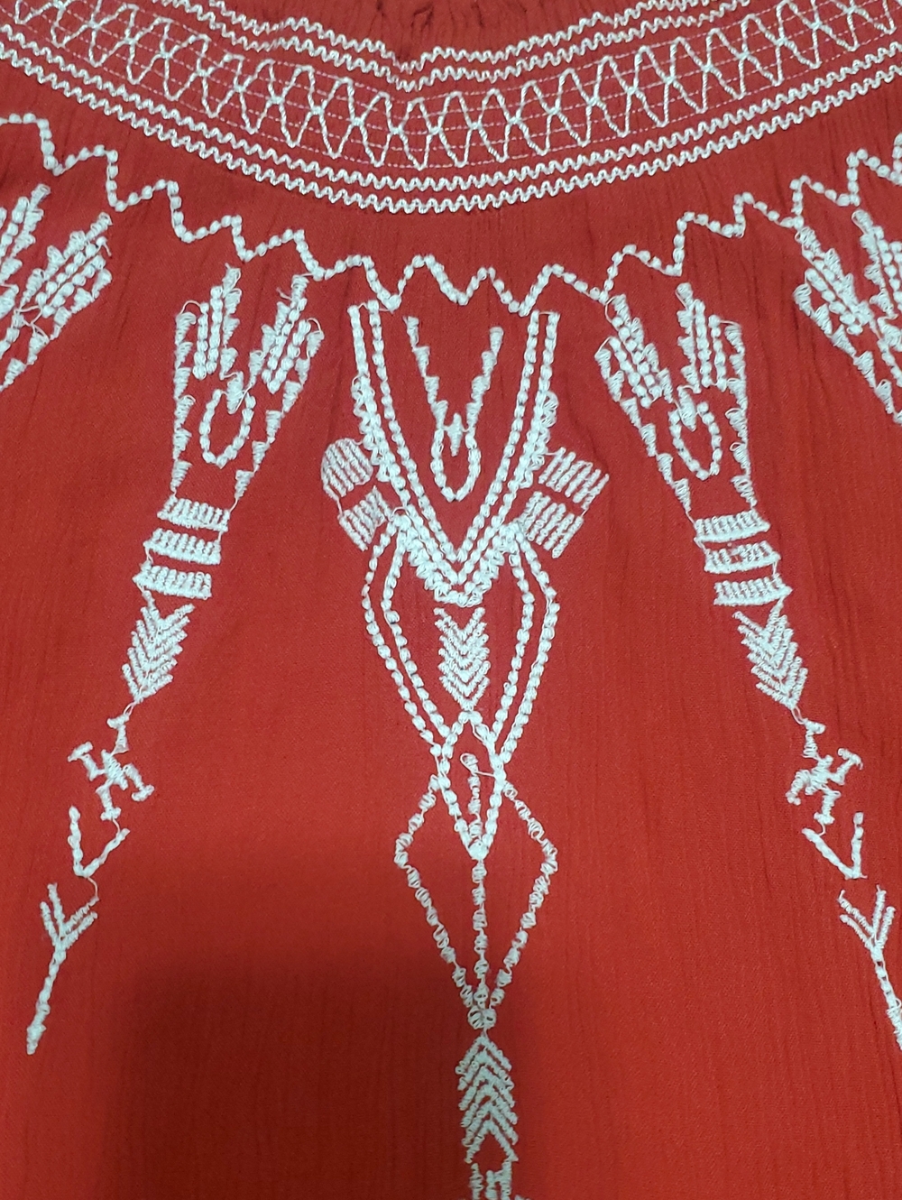 Tribal-Inspired Red Embroidered Off-Shoulder Tunic